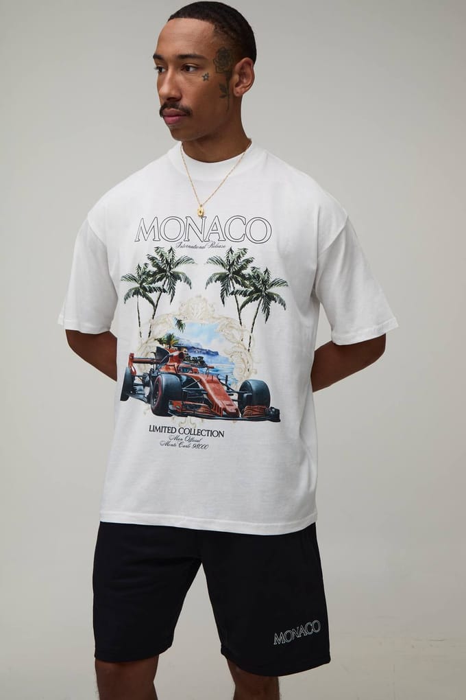 Oversized Monaco Racing Print T-shirt & Short Set | White | Size Small