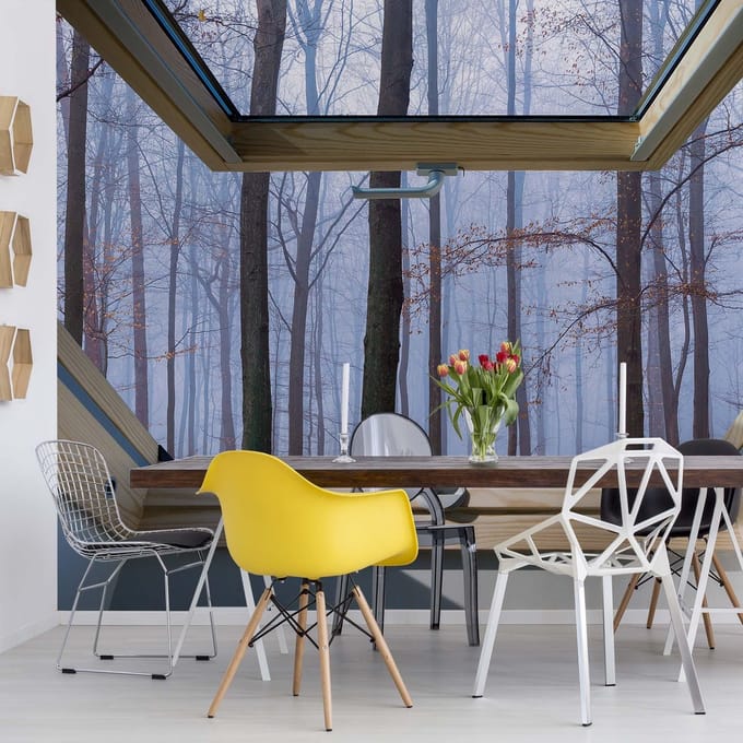 Fotobehang - Vlies Behang - 3D Uitzicht op het bos vanuit het dakraam - 416 x 290 cm