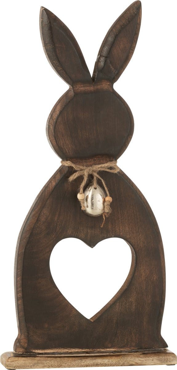 J-Line decoratie Konijn Hart + Ei - hout - donkerbruin - large
