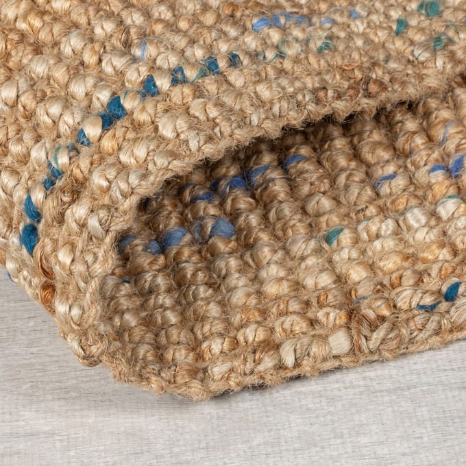 Flycarpets Loper Jute Vloerkleed - Boucle Naturel / Blauw 67x300 cm