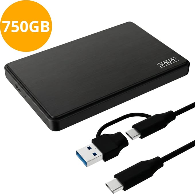 Rolio Externe Harde Schijf - USB 3.1 en USB C - 1Gbps snelheid - 750GB Opslag