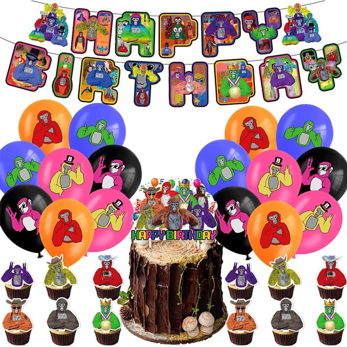 Gorilla Tag VR Game Thema Feestartikelen Inclusief Banner Cake Topper Ballonnen white
