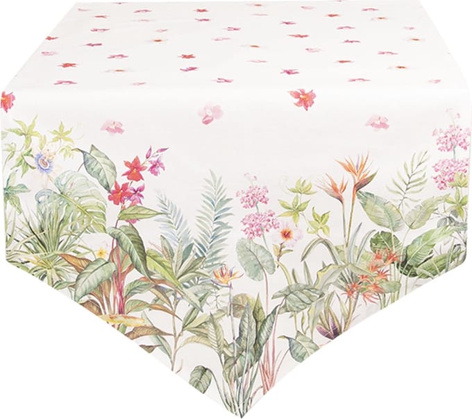 Clayre & Eef Tafelloper 50x160 cm Wit Groen Katoen Jungle Botanics Tafelkleed