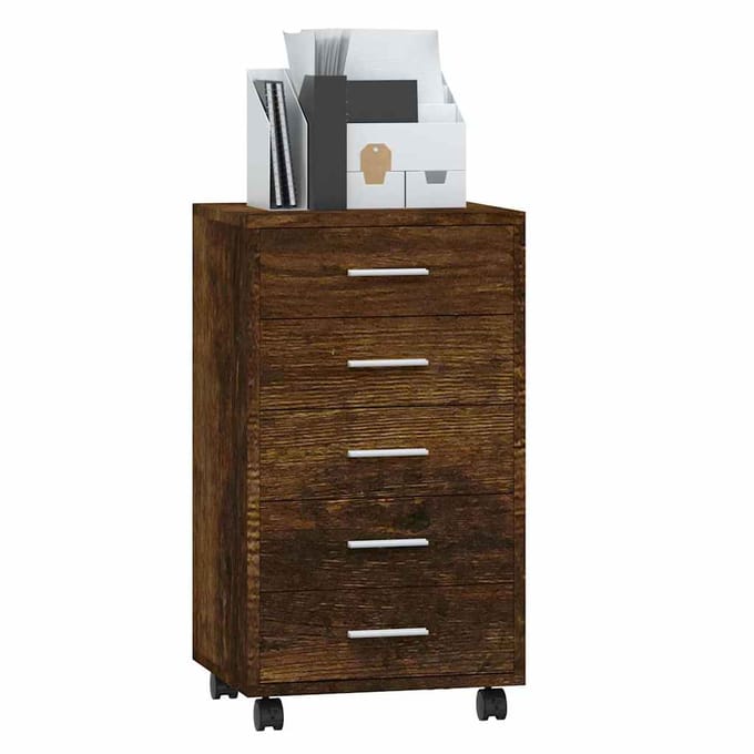 vidaXL - Ladekast - met - wieltjes - bewerkt - hout - gerookt - eikenkleurig
