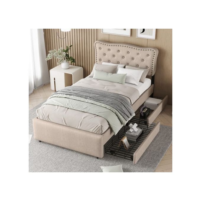 Bed 90x200 cm - MUVOE - Gestoffeerd - Donkerbeige - Opberglades - Elegant design beige
