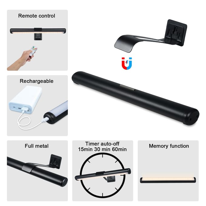 Lampe murale magnétique rechargeable pour tableau, éclairage mural, éclairage pour peinture, commande tactile, télécommande noir