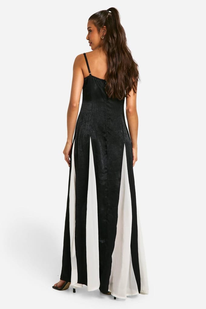 boohoo Dames Satijn Contrast Godet Maxi Jurk | Black | Maat: 8