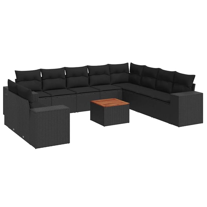 vidaXL - 11-delige - Loungeset - met - kussens - poly - rattan - zwart