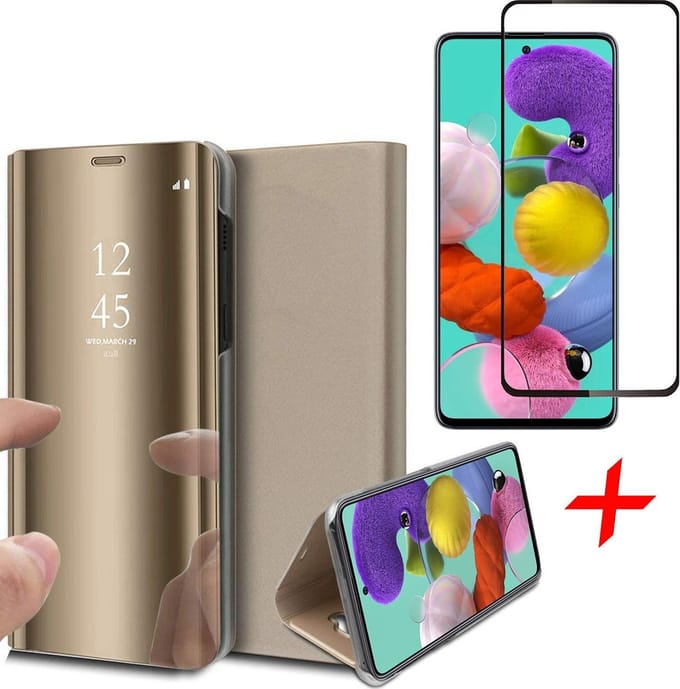 Hoesje geschikt voor Samsung Galaxy A51 - Screen Protector FullGuard - Book Case Spiegel Goud & Screenprotector