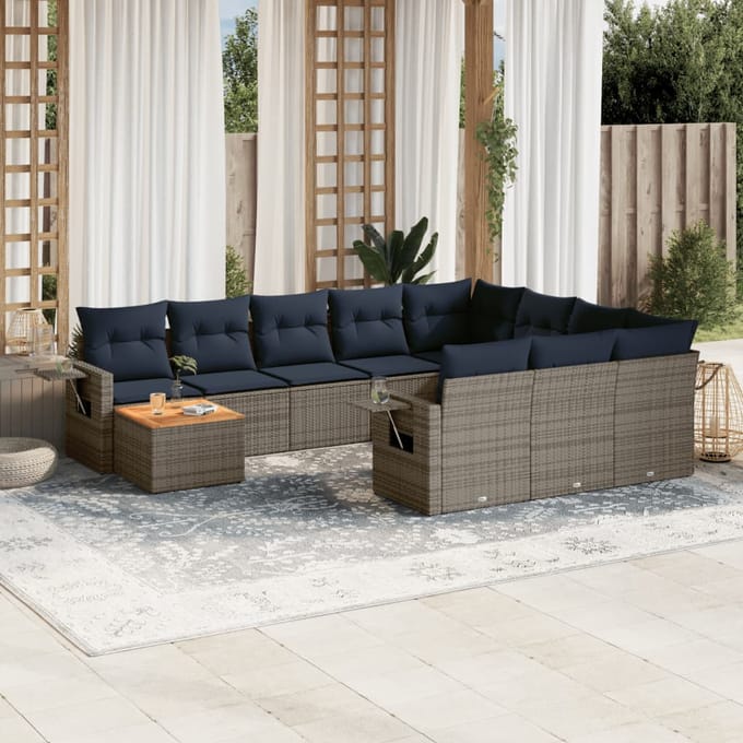 vidaXL - 11-delige - tuinbankset - met - kussens, - grijs - polyrotan