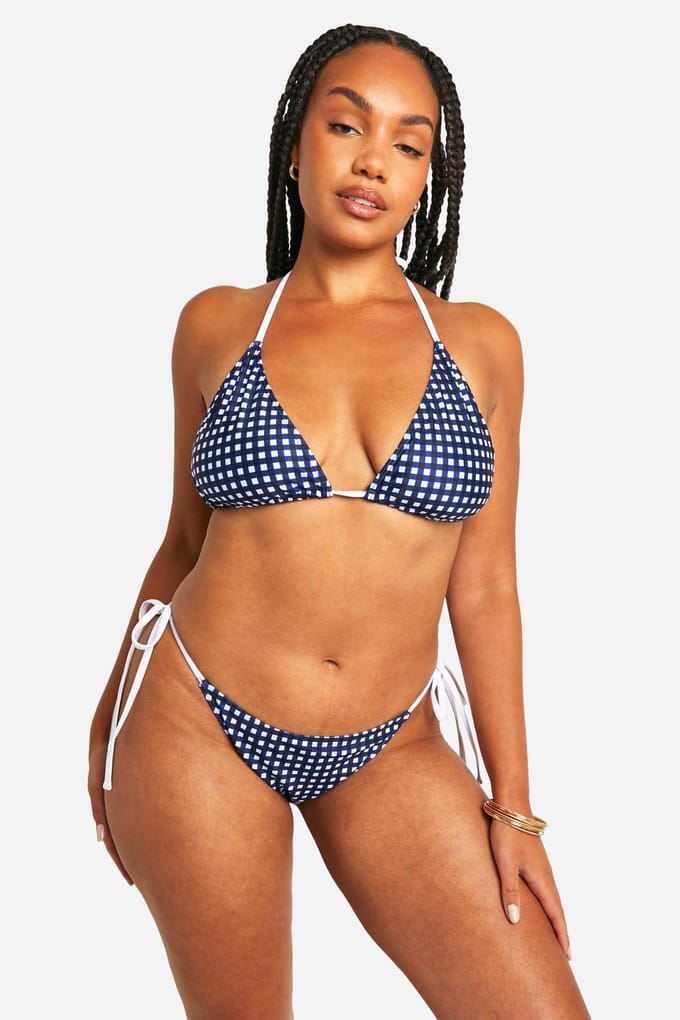 boohoo Dames Plus Gingham Tie Side Bikini Brief | Blauw | Maat: 52
