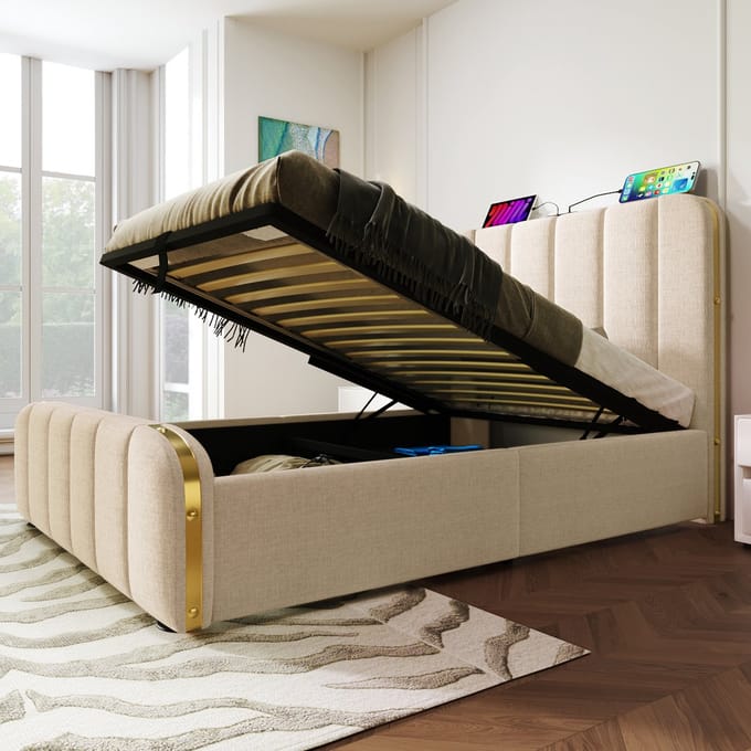 REDOM Opbergbed 90x200 cm – Linnen – Hydraulisch – USB/Type-C – Beige – 100 kg