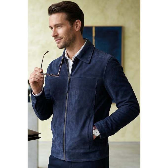 Heren Navy Geit Suède Leren Harrington Biker Jas - Rug