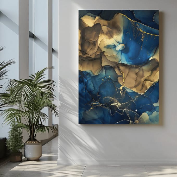Canvas Schilderij - Abstract - Marmer - Blauw - Bruin - 60x40x2 cm
