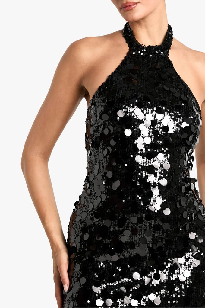 boohoo Dames Disc Sequin Halterneck Maxi Jurk | Zwart | Maat: 42