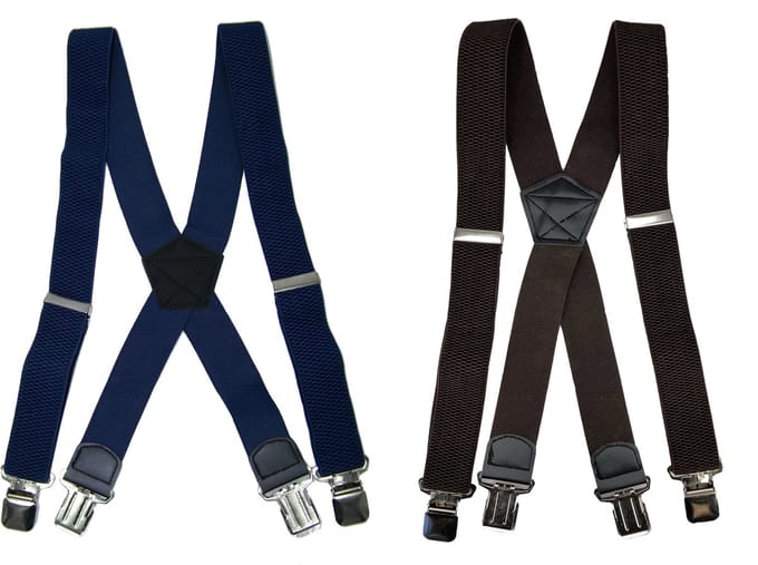 Donkerblauw en Coffee 4 clip Bretels met stevige sterke brede stalen clips Duo Pack