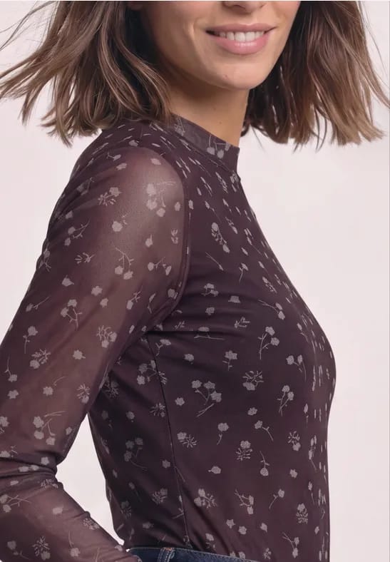 Shirt van mesh met lange mouwen, ronde hals en print
