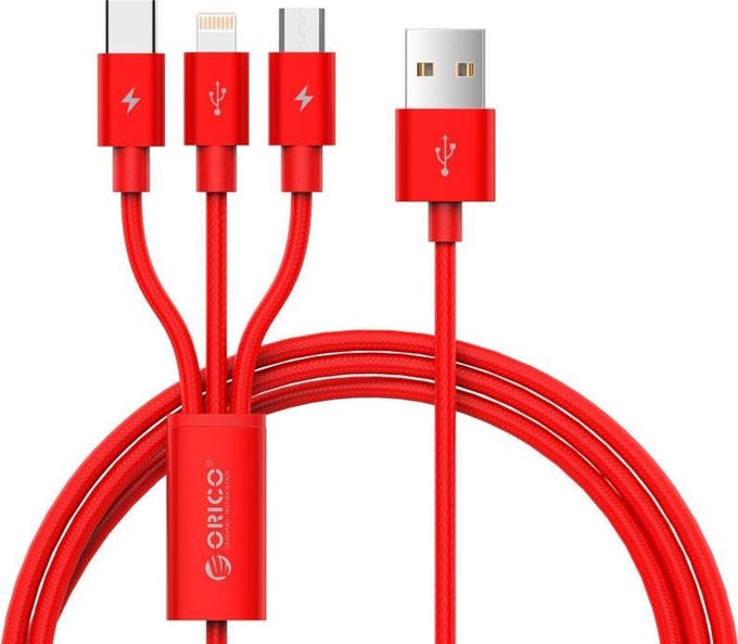 Orico USB-C, Lightning en Micro-USB laadkabel 3A - 1.2M - Rood