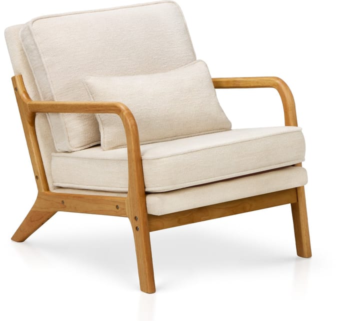COLAMY midcentury fauteuil — met lendenkussen — massief houten frame — beige