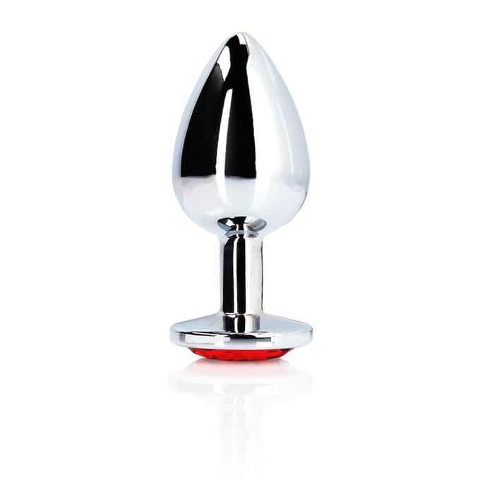 Shots - Ouch! OU793SIL - Round Gem Butt Plug - Small - Silver / Ruby Red