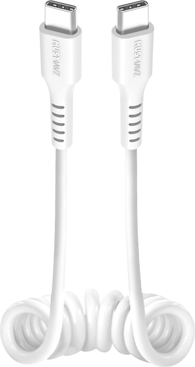 Musthavz USB-C naar USB-C Spiraalkabel 1 Meter – Oplaad- en Datakabel – Wit