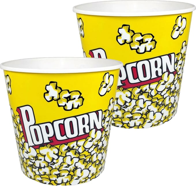 Concorde Popcorn bak - 2x - geel/wit - kunststof - D21 cm - 4.7 liter - herbruikbaar