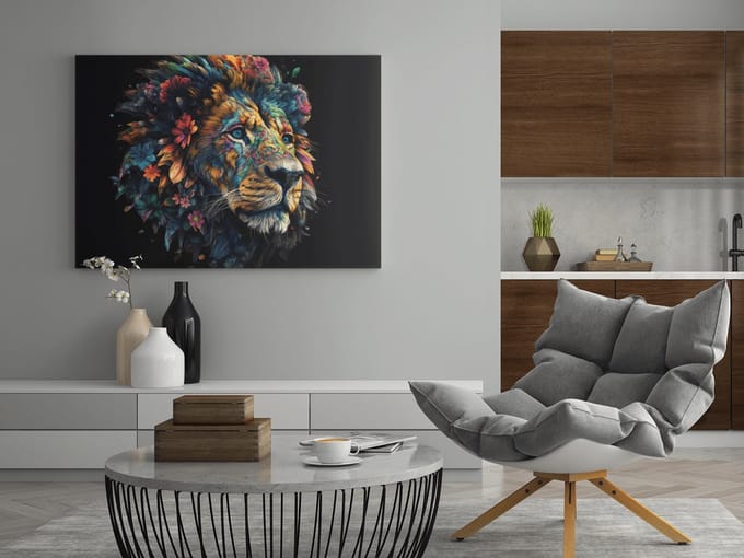Canvas Schilderij Dieren - Leeuw Met Bloemen - 150x100x2 cm