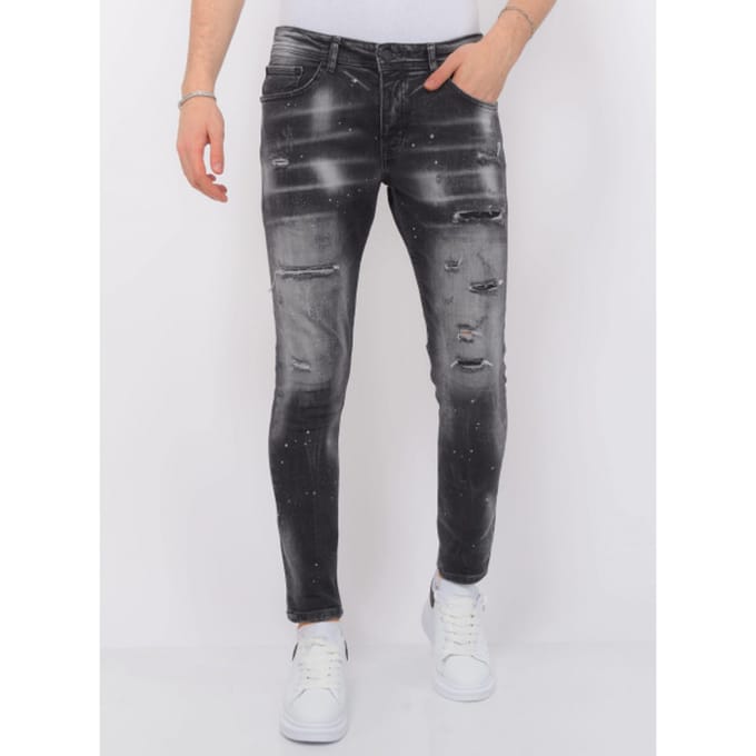 Distressed Jeans Stonewash Heren - Slim Fit -1087- Zwart