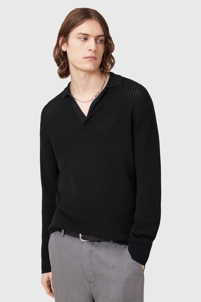 AllSaints Thoma Ls Polo Black Größe: XL | Poloshirts Outlet | Herren | Schwarz
