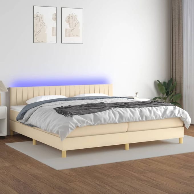vidaXL - Boxspring - met - matras - en - LED - stof - crèmekleurig - 200x200 - cm