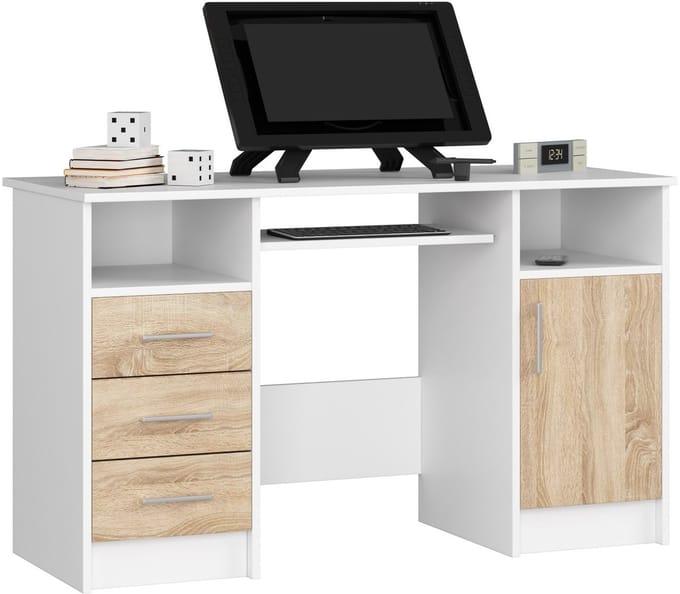 Bureau ANA met 3 Laden / Computerbureau / Computer Tafel / Bureautafel / Wit – Sonoma Eik / 124 x 77 x 52 cm
