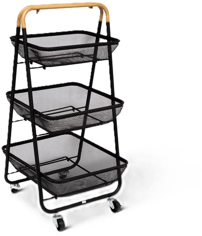 5Five Keuken/badkamer opberg trolley - 3 laags - zwart - 48 x 41 x 87 cm - mesh metaal