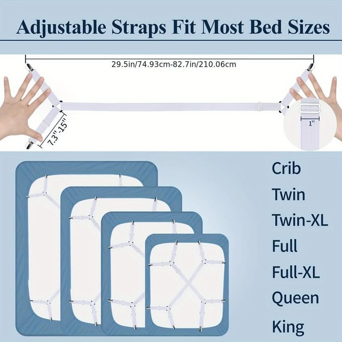 Sangle de support de drap réglable en 2 pièces - Support croisé pour toutes les tailles de matelas, attaches triangulaires élastiques, nylon noir, support de drap blanc