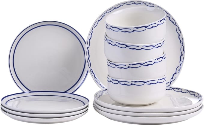 AMCHUR - Serviesset 12-delig - Wit/Blauw - Porselein