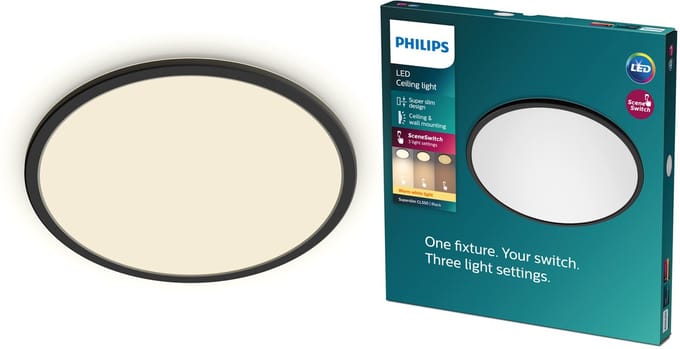 Philips Superslim plafonnière - zwart - groot - warmwit licht - 18 W