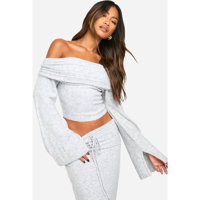 boohoo Dames Rib Edge Soft Knit Bardot Trui | Grey | Maat: Medium
