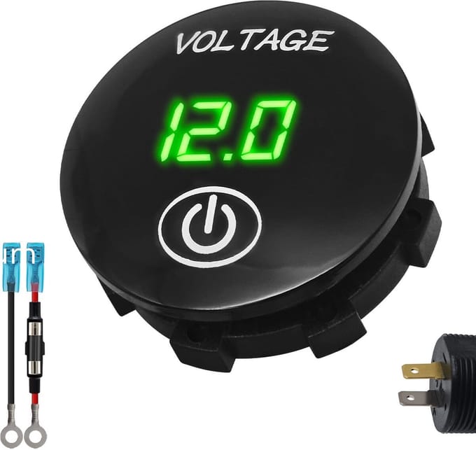 ProRide Voltmeter Inbouw 12-24V DC met Aan/Uit schakelaar - met Aansluitkabel 60cm en Glaszekering 10A - Groen