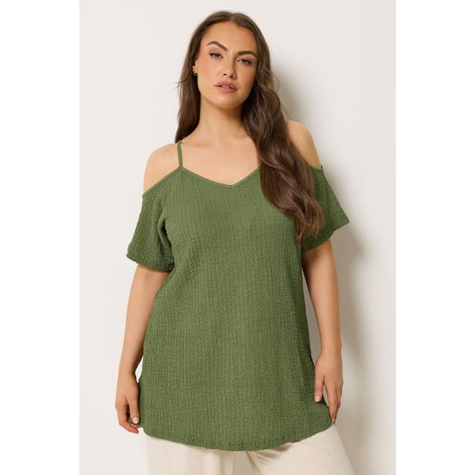 Yours Kaki Groene Top Met Textuur En Open Schouders Size 42
