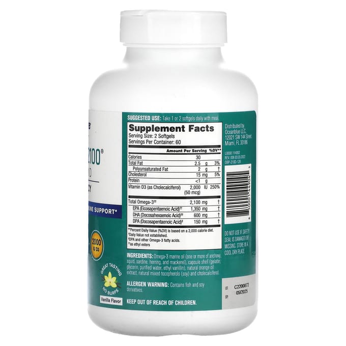 OceanBlue, Professionnel, Omega 3 2100, Contient de la vitamine D, Haute efficacité, Vanille, Gélule 120 comprimés