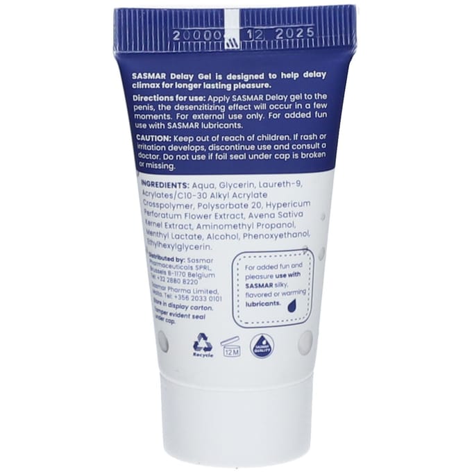 Sasmar Vertragingsgel voor Mannen – Waterbasis Glijmiddel – Langdurig Genot, Controle & Uithoudingsvermogen – 30 ml