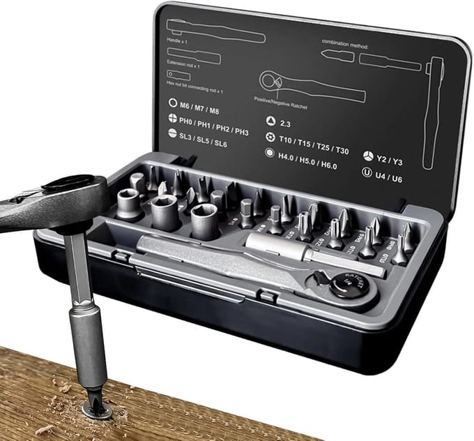 Schroevendraaier Set - Reparatietool - Klusjes Thuis - Magnetische Ratel - 25 Delig - Grijs