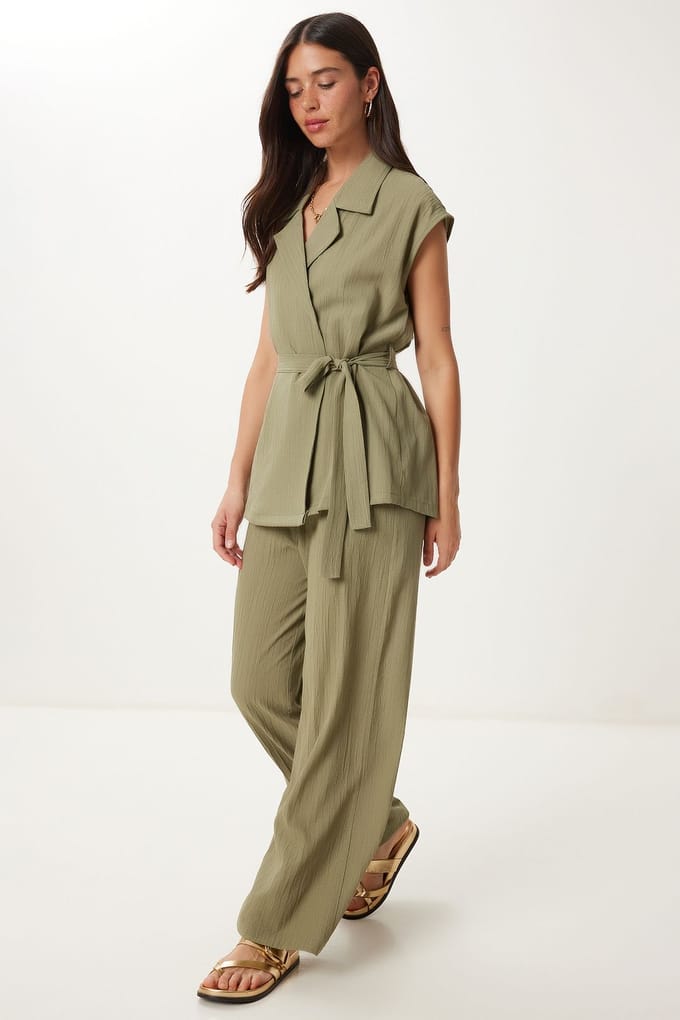 Hoge Taille Twee-delige Set met Kraag en Wijde Pantalons