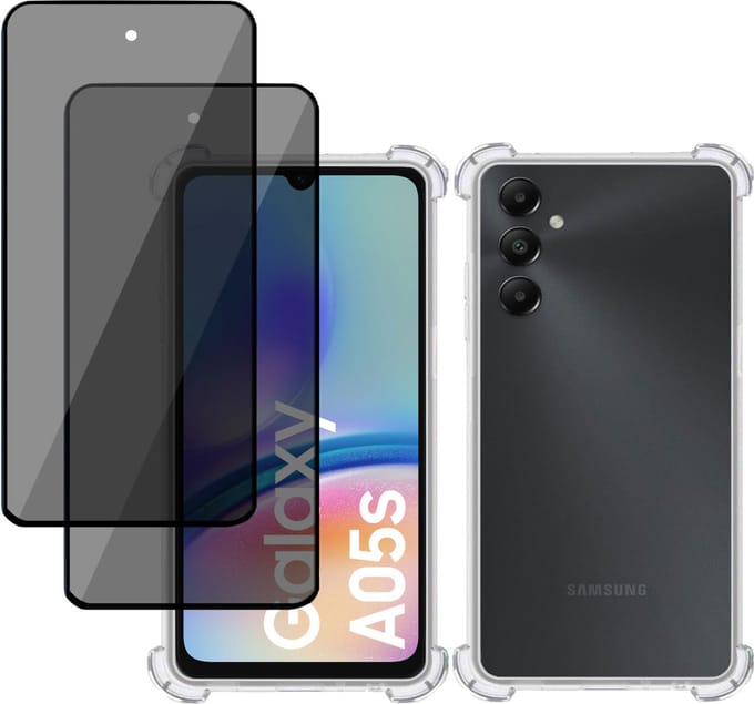 Hoesje + 2x Privé Screenprotector geschikt voor Samsung Galaxy A05s – Privacy Tempered Glass - Case Transparant