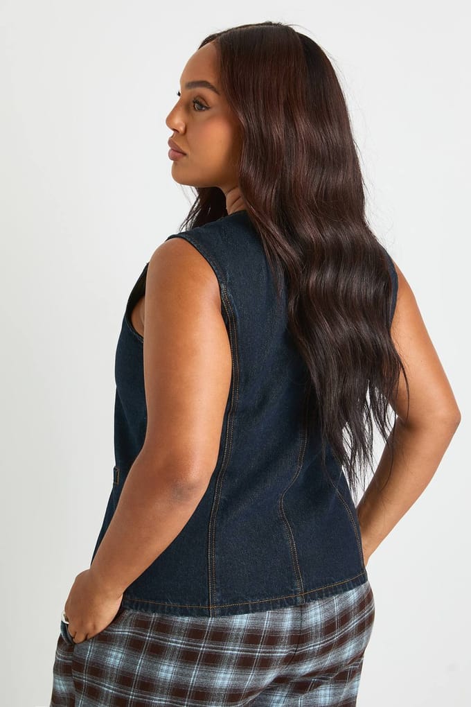 boohoo Dames Plus Denim Lange Button-Down Gilet | Indigo | Maat: 24