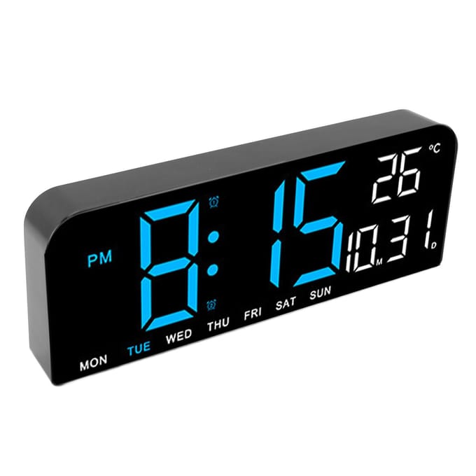 Digitale wekker, groot LED-display, bureauklok met temperatuur, datum en weekweergave, instelbaar blue