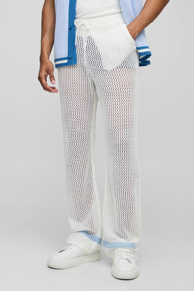 Relaxed Fit Open Stitch Stripe Detail Gebreide Joggers | White | Size Medium