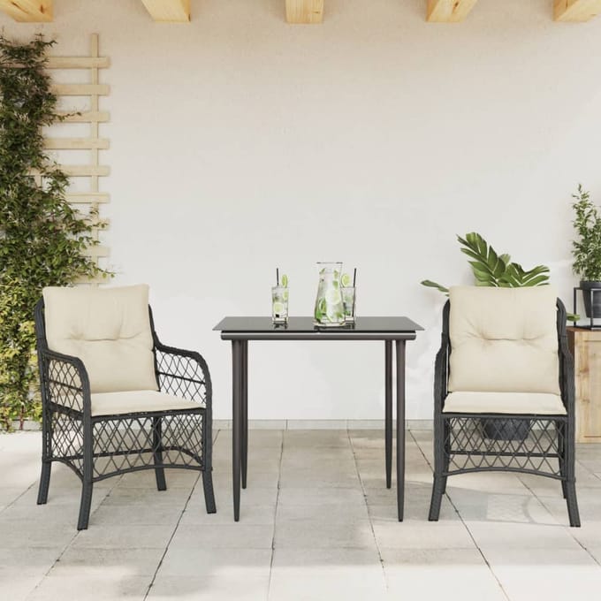 vidaXL - 3-delige - Bistroset - met - kussens - poly - rattan - zwart