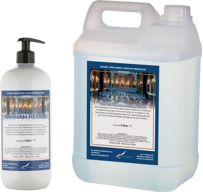 Handzeep Hammam Herbal 1 liter met gratis pomp - hervulbaar + Jerrycan 5 liter navulling