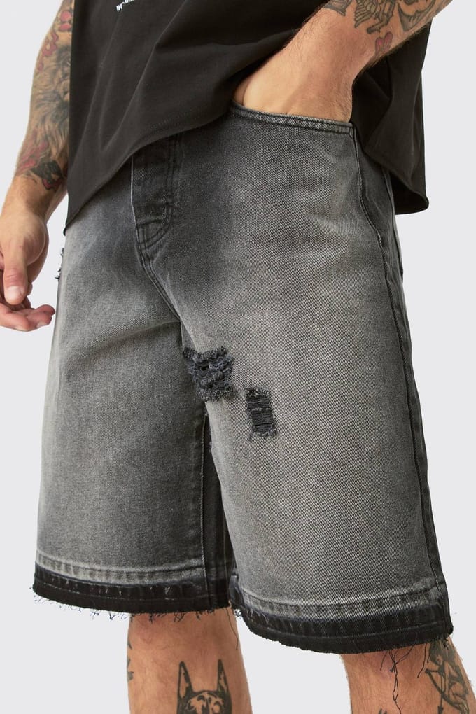 Ripped Denim Jorts In Black | Washed Black | Size 44
