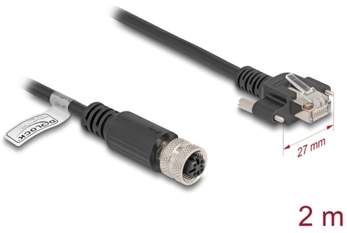 Delock M12 Cable D-coded 4 pin female to RJ45 plug with screws Cat.5e FTP 2 m black